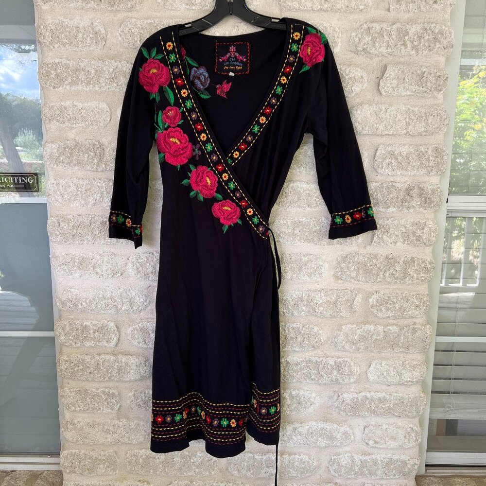 Johnny Was wrap dress black embroidered flowers hummingbird JW Los Angeles L
